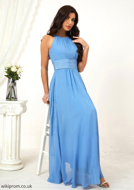 A-line Halter Sleeveless Chiffon Long/Floor-Length Bridesmaid Dresses With Pleated Livia SWKP0025610