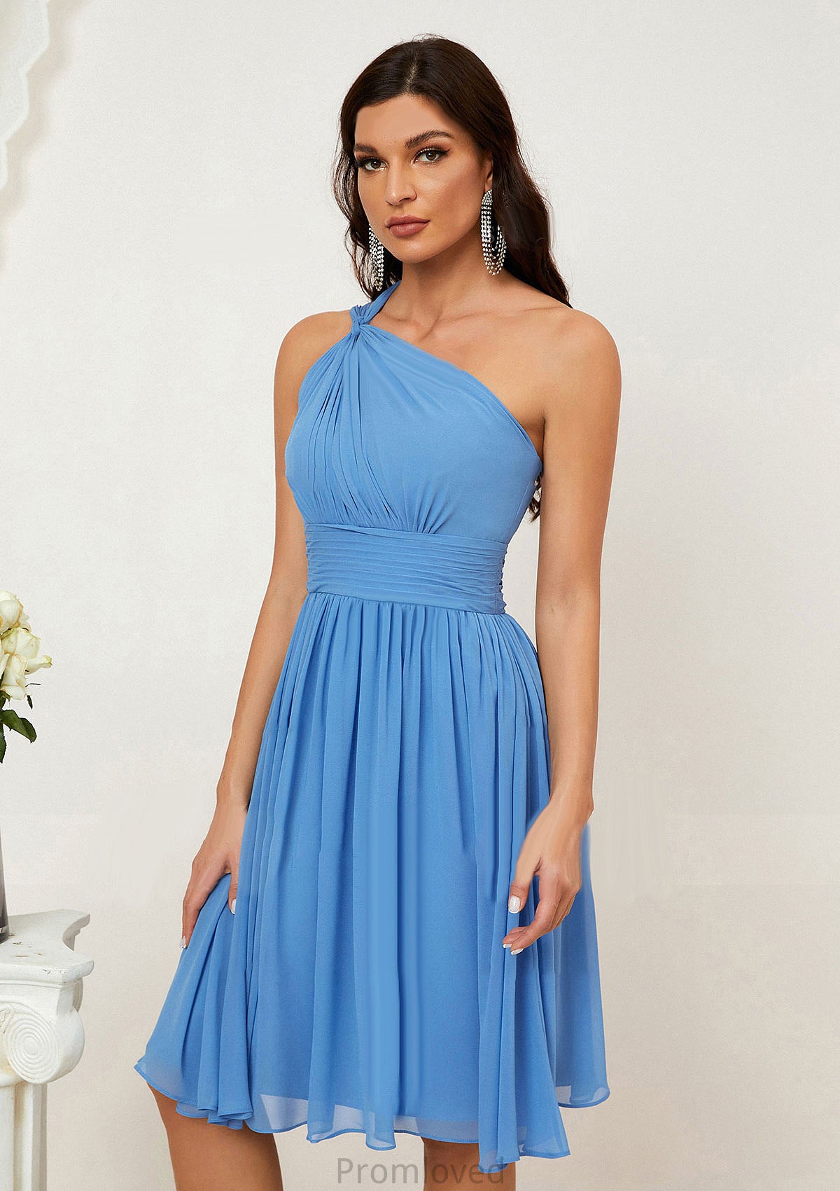 A-line One-Shoulder Sleeveless Chiffon Knee-Length Bridesmaid Dresses With Pleated Lizeth DUP0025612