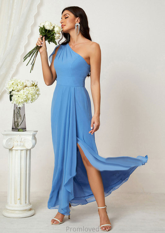 A-line One-Shoulder Sleeveless Chiffon Long/Floor-Length Bridesmaid Dresses With Pleated Split Amelia DUP0025613