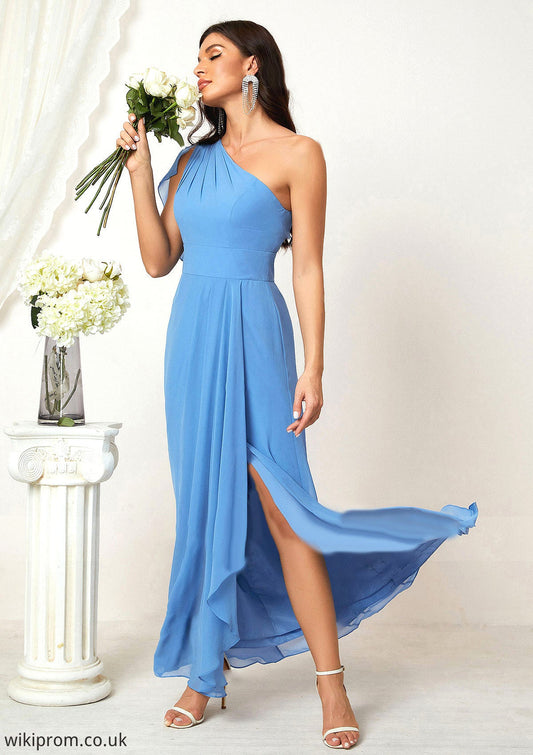 A-line One-Shoulder Sleeveless Chiffon Long/Floor-Length Bridesmaid Dresses With Pleated Split Abigayle SWKP0025613