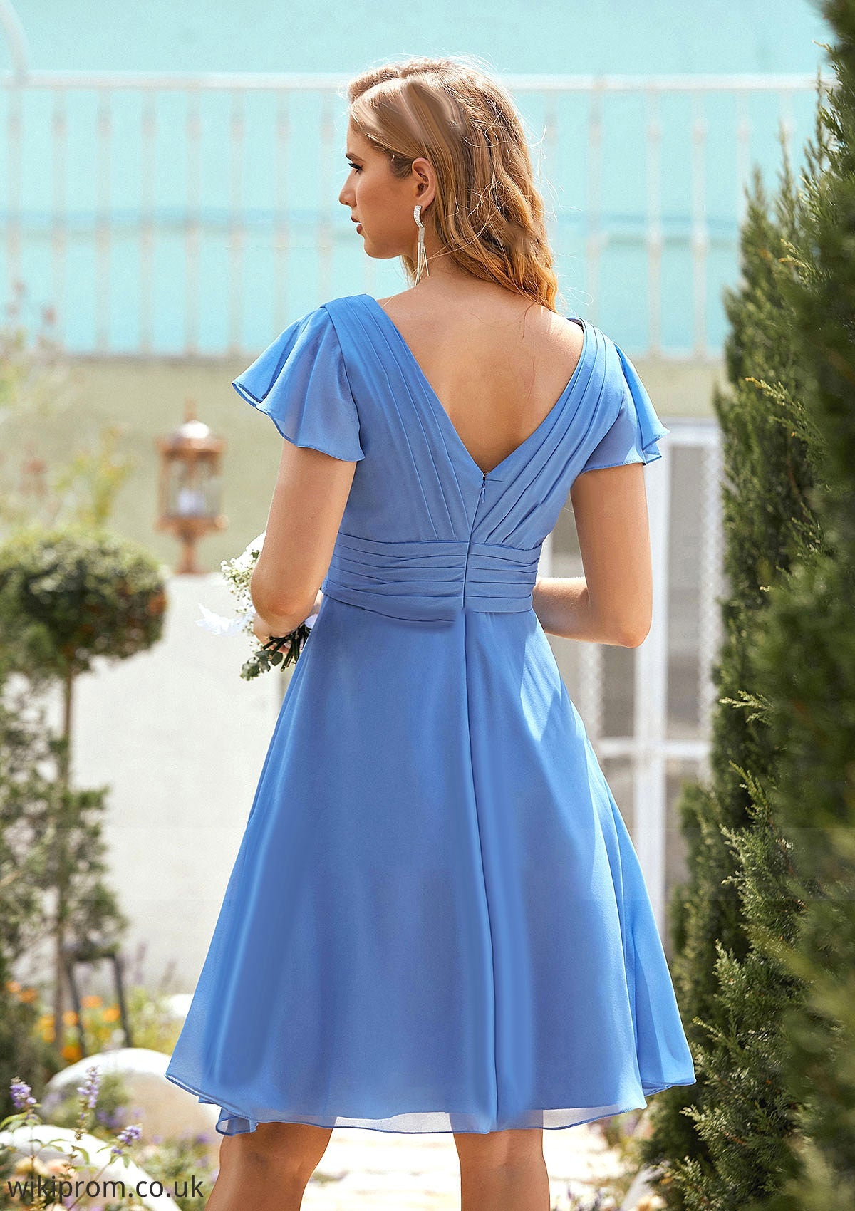 A-line V Neck Short Sleeve Chiffon Short/Mini Bridesmaid Dresses With Pleated Kennedi SWKP0025614