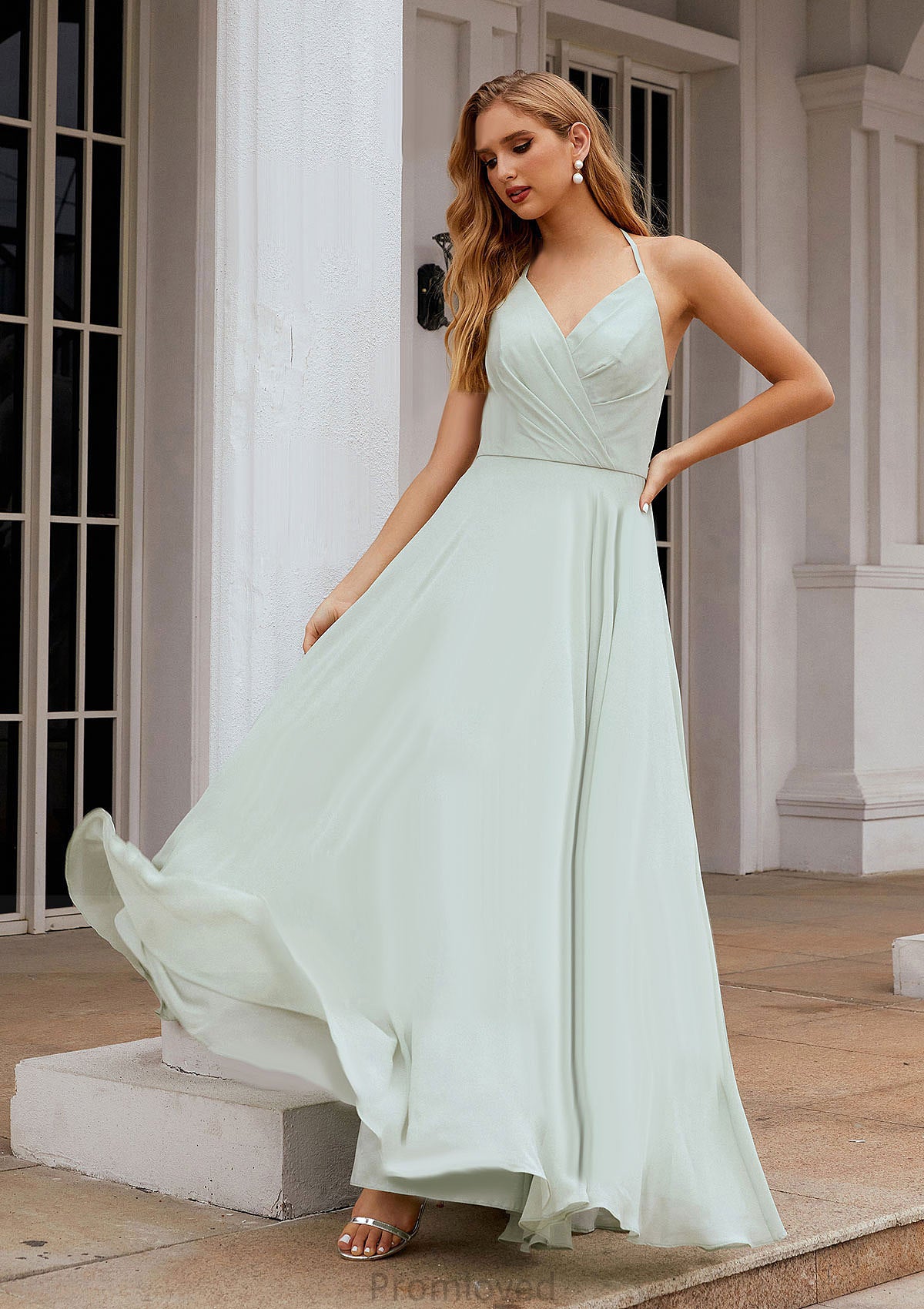 A-line Halter Sleeveless Chiffon Long/Floor-Length Bridesmaid Dresses With Pleated Ruffles Camilla DUP0025623