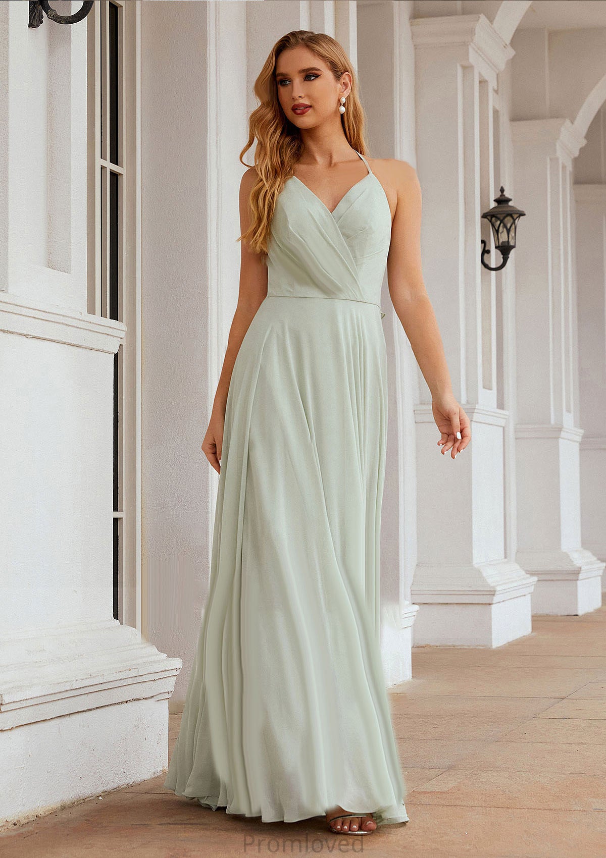 A-line Halter Sleeveless Chiffon Long/Floor-Length Bridesmaid Dresses With Pleated Ruffles Camilla DUP0025623