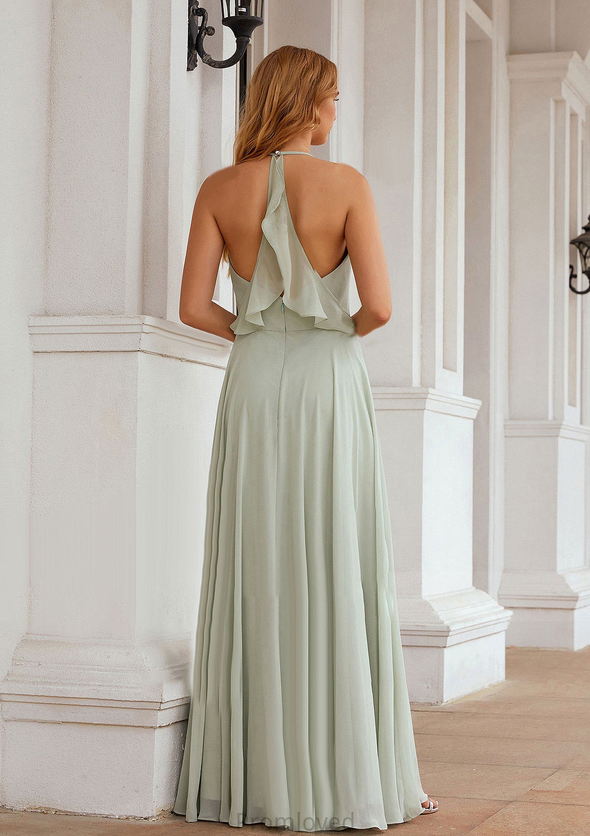 A-line Halter Sleeveless Chiffon Long/Floor-Length Bridesmaid Dresses With Pleated Ruffles Camilla DUP0025623