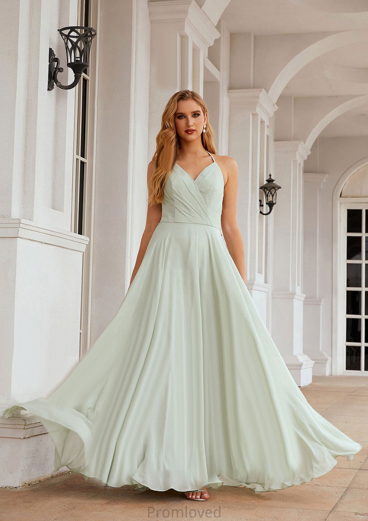 A-line Halter Sleeveless Chiffon Long/Floor-Length Bridesmaid Dresses With Pleated Ruffles Camilla DUP0025623