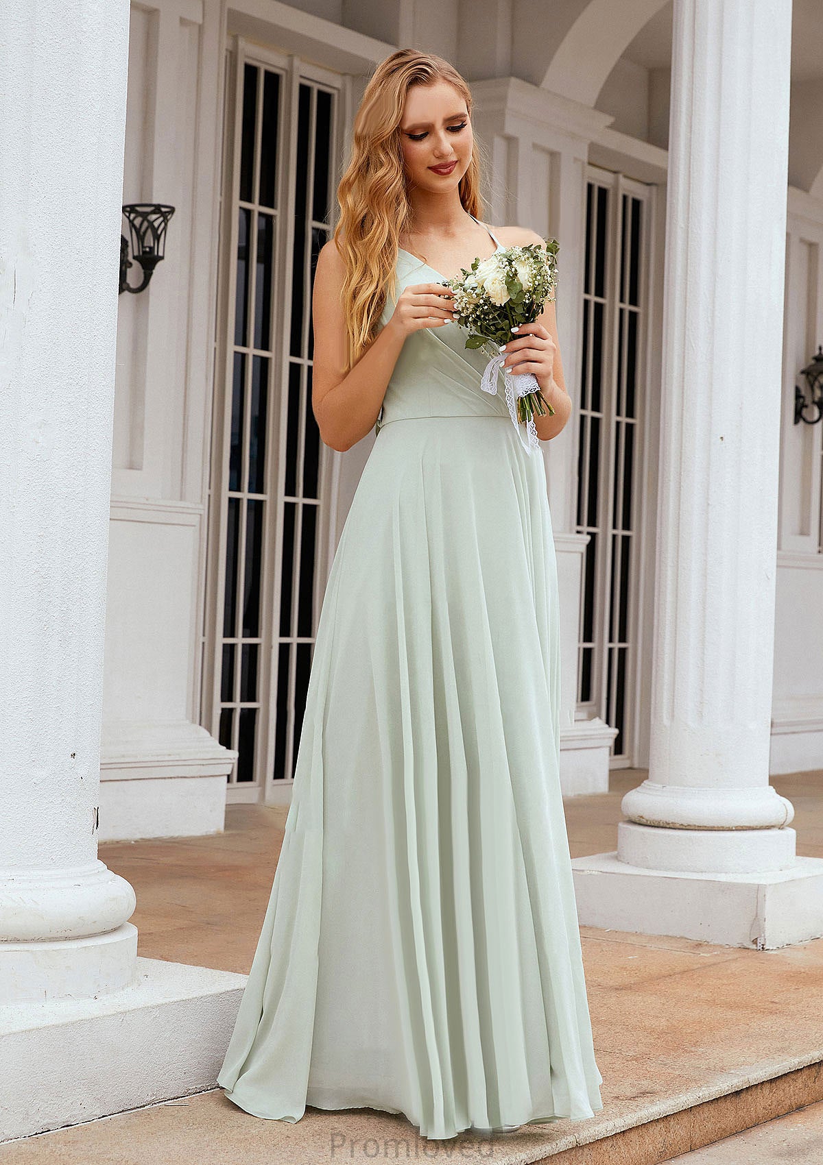 A-line Halter Sleeveless Chiffon Long/Floor-Length Bridesmaid Dresses With Pleated Ruffles Camilla DUP0025623