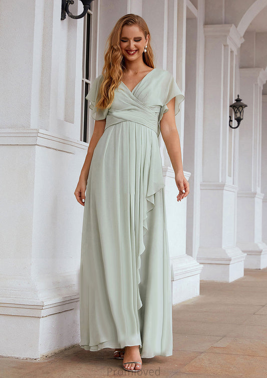 A-line V Neck Short Sleeve Chiffon Long/Floor-Length Bridesmaid Dresses With Pleated Ruffles Abbie DUP0025626