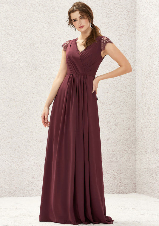 A-line V Neck Sleeveless Chiffon Long/Floor-Length Bridesmaid Dresses With Pleated Lace Hazel DUP0025627