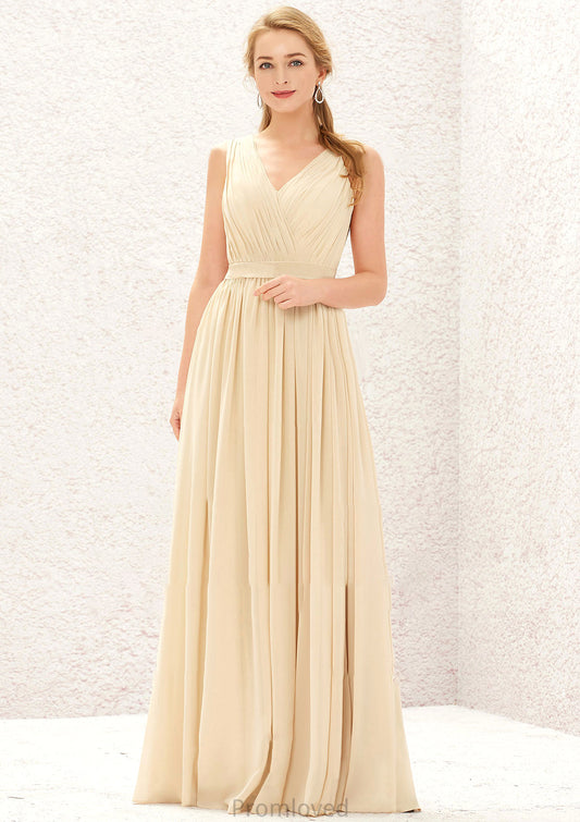 A-line V Neck Sleeveless Chiffon Long/Floor-Length Bridesmaid Dresses With Appliqued Sashes Pleated Zoie DUP0025630