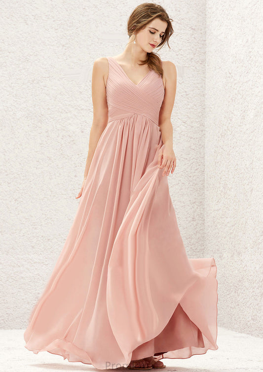 A-line V Neck Sleeveless Chiffon Long/Floor-Length Bridesmaid Dresses With Pleated Jessica DUP0025632