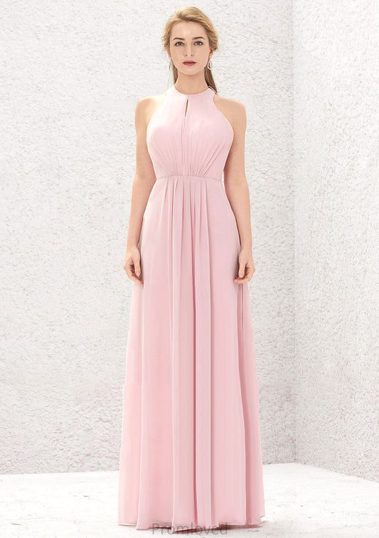 A-line Halter Sleeveless Chiffon Long/Floor-Length Bridesmaid Dresses With Pleated Alexis DUP0025634