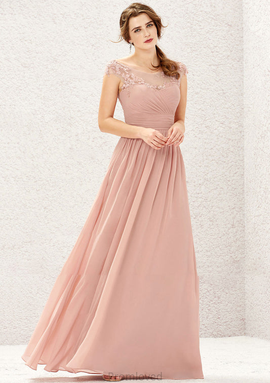 A-line Illusion Neck Sleeveless Chiffon Long/Floor-Length Bridesmaid Dresses With Appliqued Pleated Ayana DUP0025636