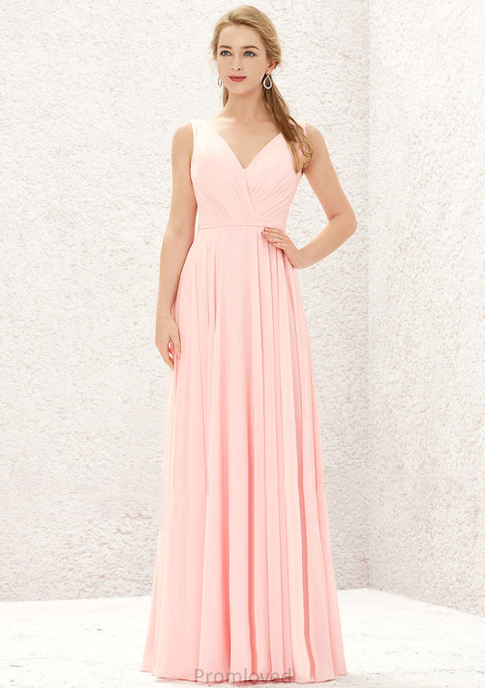 A-line V Neck Sleeveless Chiffon Long/Floor-Length Bridesmaid Dresses With Pleated Mariam DUP0025637