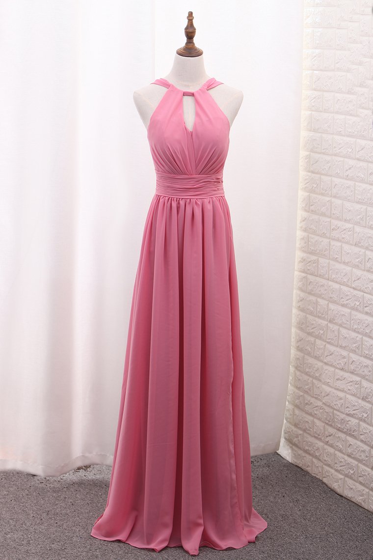 Scoop A Line Chiffon Bridesmaid Dresses With Ruffles And Slit Floor Length