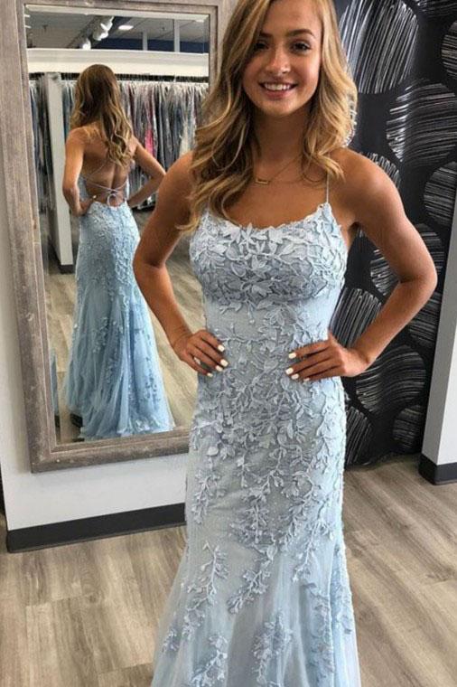 Mermaid Spaghetti Straps Light Blue Prom Dress with Appliques, Evening Dresses SWK15266