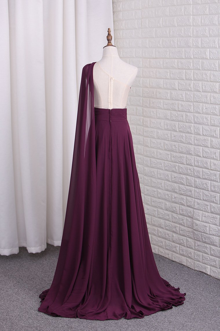 One Shoulder A Line Chiffon Prom Dresses With Ruffles Sweep Train