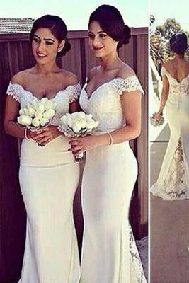 Charming Ivory Long Cap Sleeve Lace Mermaid Sexy Long Bridesmaid Dresses WG10