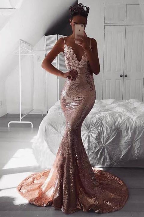 Sexy Rose Gold Sequins Mermaid Long Prom Dresses Spaghetti Straps Backless Party Dresses SWK15349