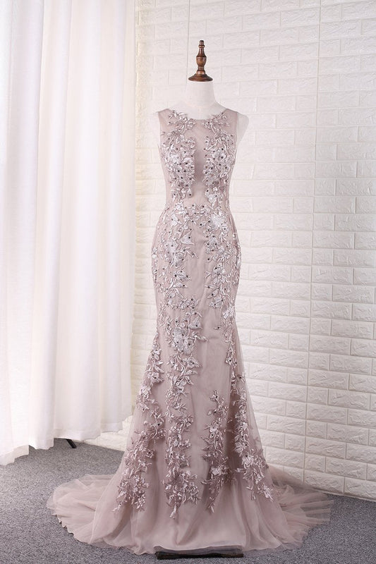 Sexy Mermaid Scoop Tulle With Applique Court Train Open Back