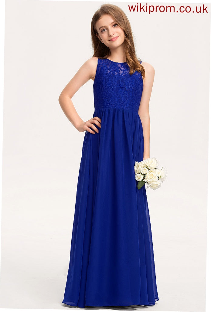 A-Line Scoop Neck Junior Bridesmaid Dresses Diya Floor-Length Lace Chiffon