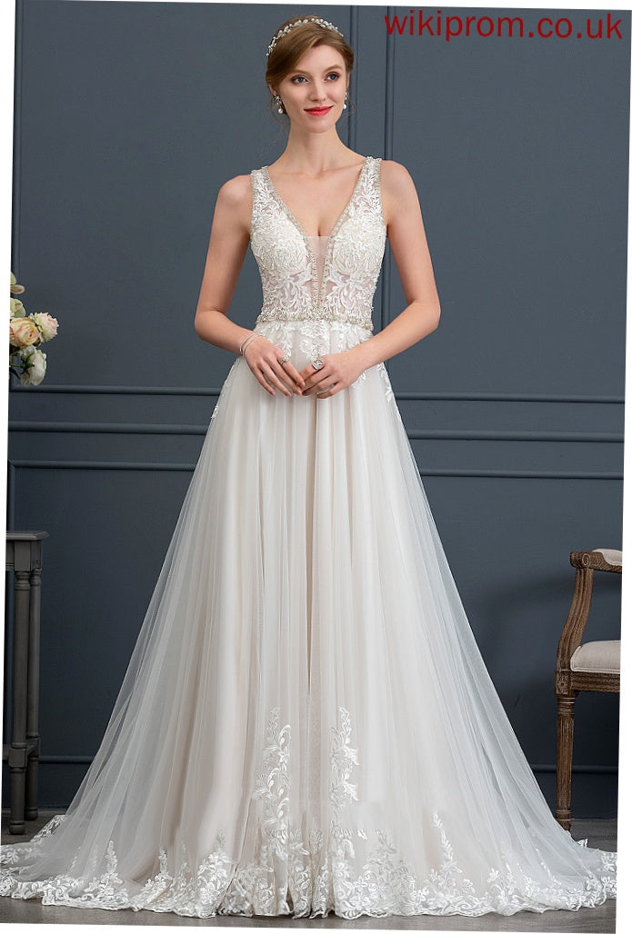 V-neck Court Sequins Dress With Wedding Wedding Dresses Tulle Beading Nora Train Lace Ball-Gown/Princess