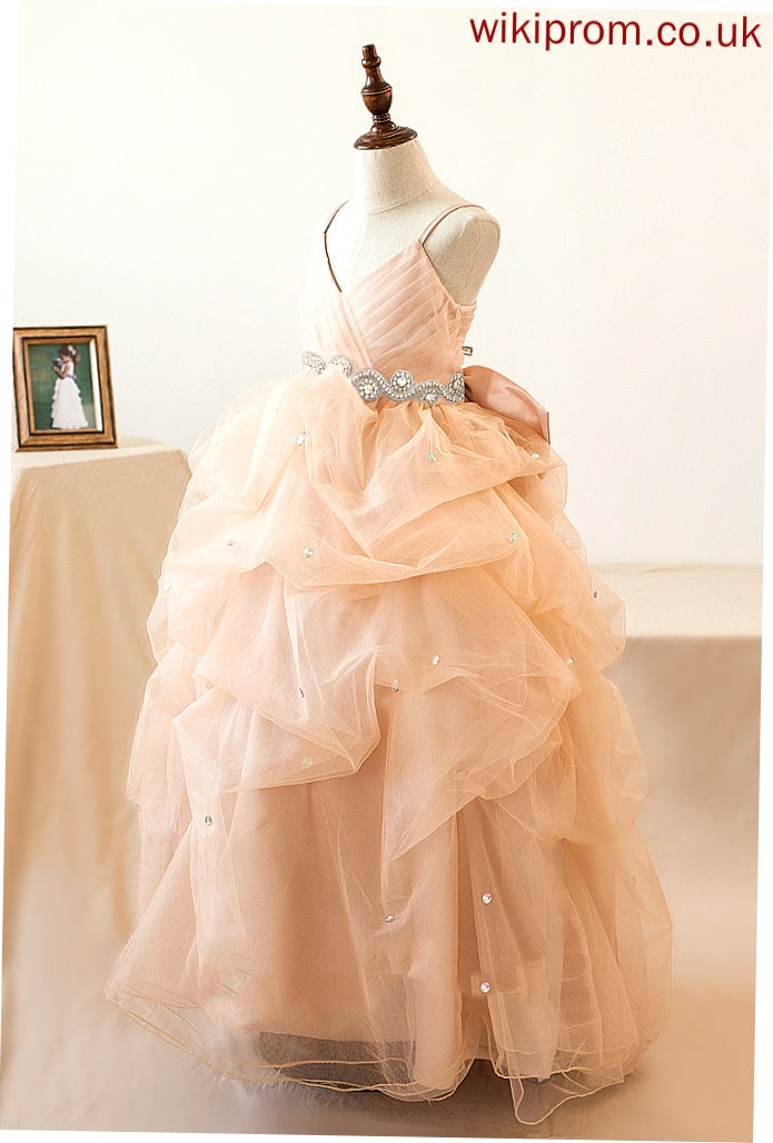 Donna Girl With Flower Girl Dresses - Floor-length Ruffles/Bow(s)/Rhinestone Straps Ball-Gown/Princess Flower Dress Sleeveless Tulle