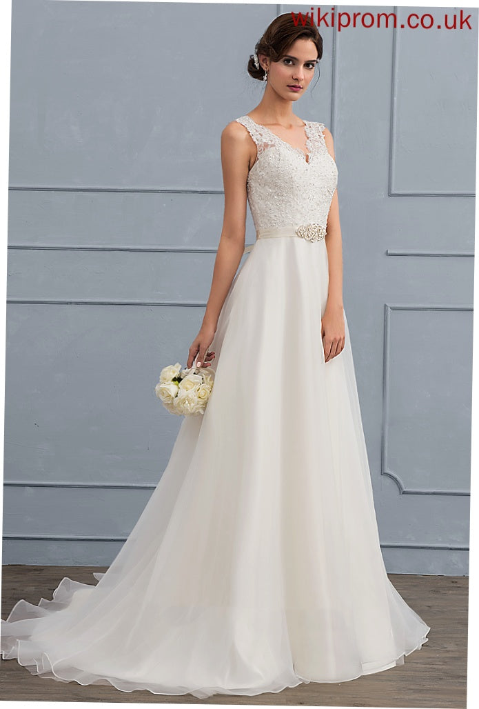 With Abigail Lace Train Dress Wedding Beading Wedding Dresses Sweep Bow(s) A-Line V-neck Organza