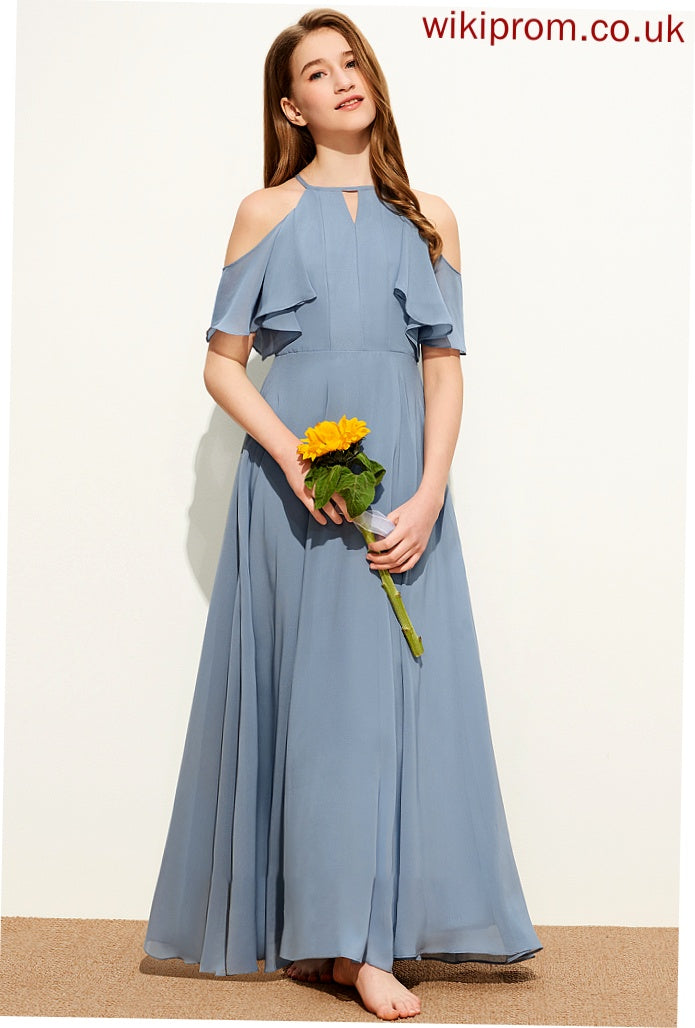 With Scoop Chiffon Neck Junior Bridesmaid Dresses Floor-Length A-Line Ruffles Cascading Taylor