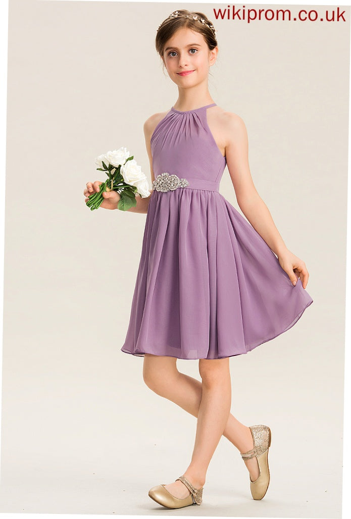 Junior Bridesmaid Dresses Knee-Length Beading Neck Chiffon A-Line Melinda Scoop With Ruffle