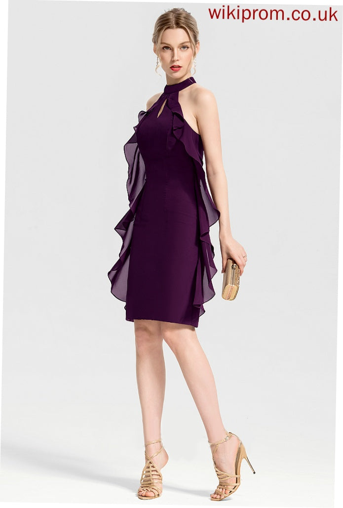 Sabrina With Neck Chiffon Knee-Length Dress Ruffles Cocktail Cascading Sheath/Column Scoop Cocktail Dresses