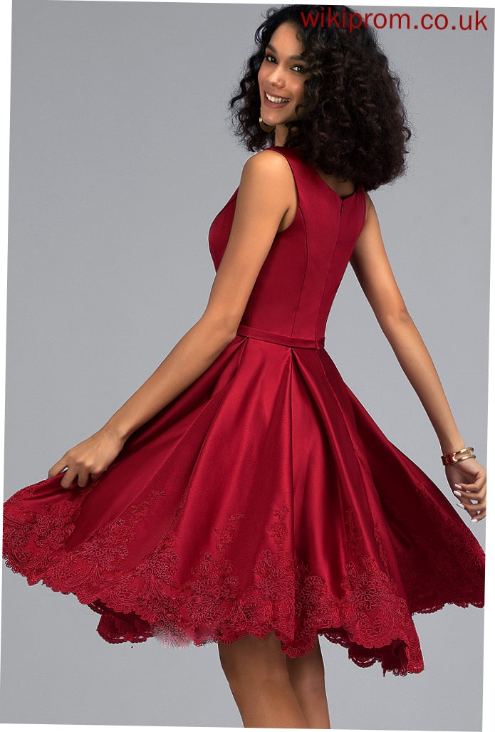 Homecoming Homecoming Dresses V-neck Dress A-Line Appliques Satin Knee-Length With Lace Skyla