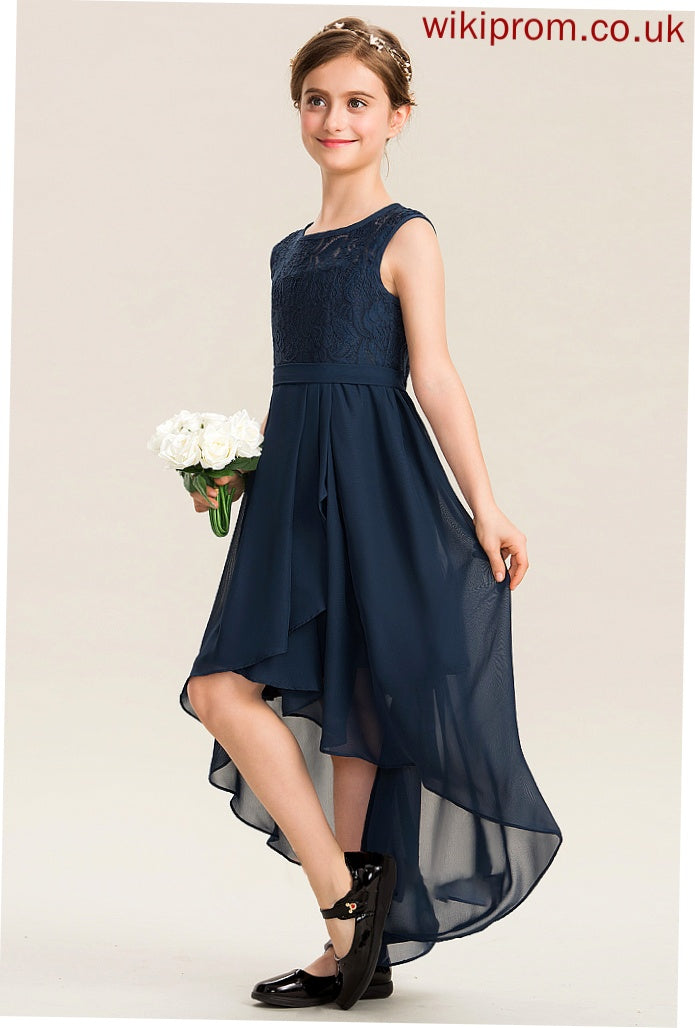 Scoop Heidi Asymmetrical Bow(s) Chiffon Junior Bridesmaid Dresses A-Line Neck Cascading With Ruffles Lace