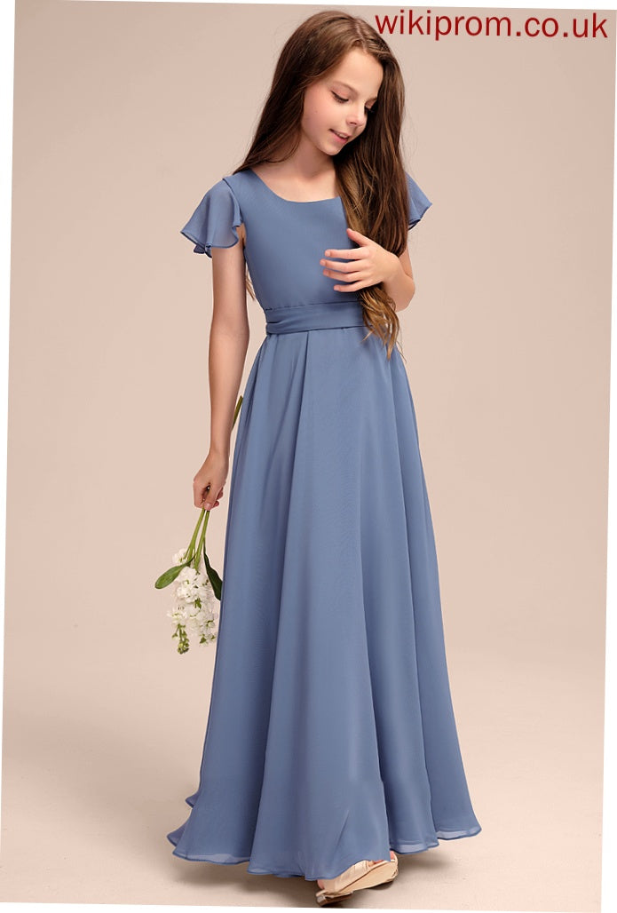 A-Line With Neck Scoop Floor-Length Jazmin Junior Bridesmaid Dresses Bow(s) Chiffon