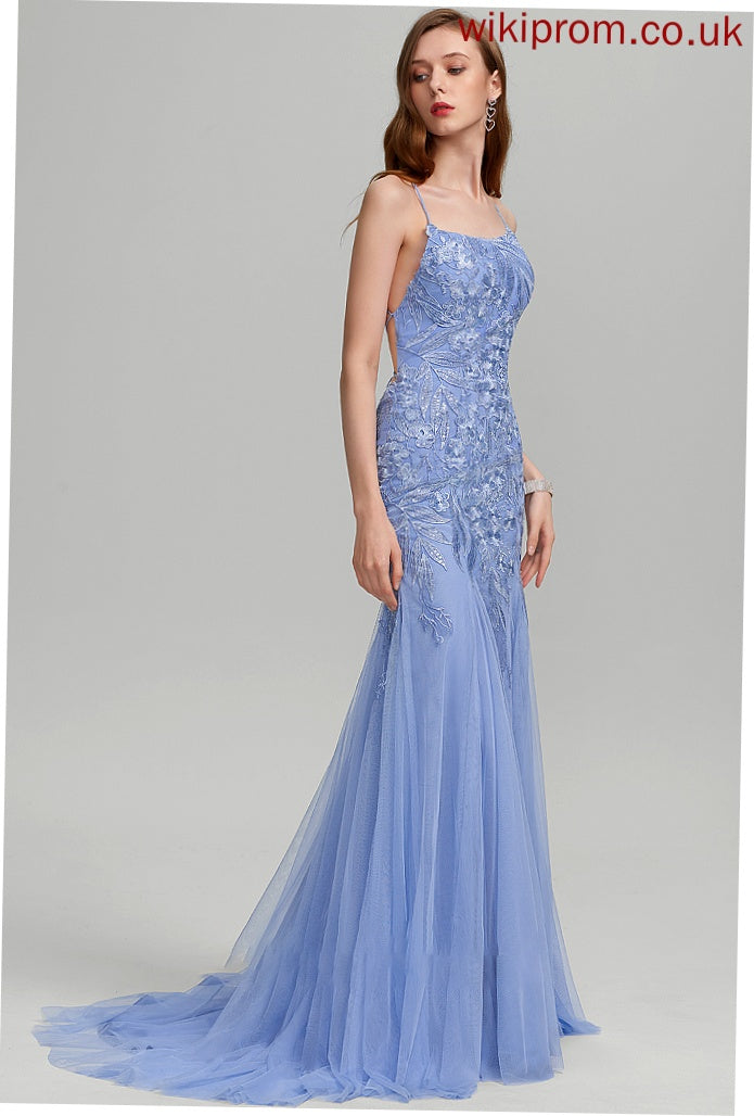 Square Sequins Train Trumpet/Mermaid Neckline Tulle Jennifer With Sweep Prom Dresses