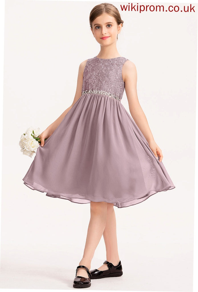 Bow(s) Scoop Jordyn Junior Bridesmaid Dresses Chiffon Lace Beading Neck With A-Line Knee-Length