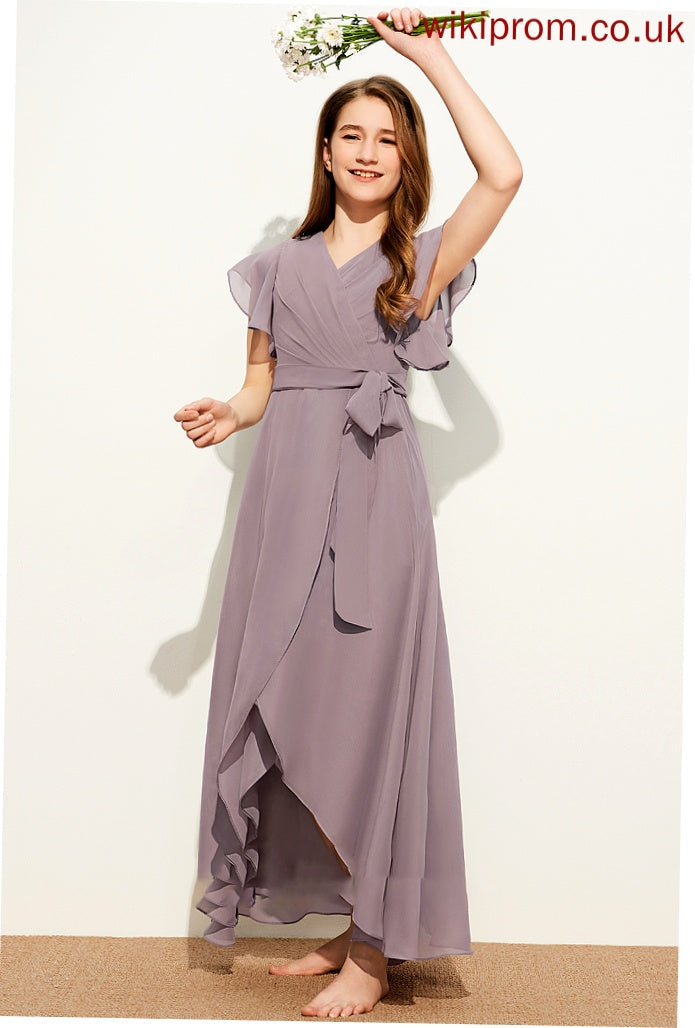 A-Line Junior Bridesmaid Dresses Regina V-neck Bow(s) Asymmetrical Chiffon With Ruffle