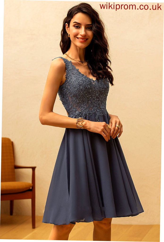 Chiffon Homecoming Dresses Lauretta Dress With Lace A-Line Knee-Length Homecoming Beading V-neck