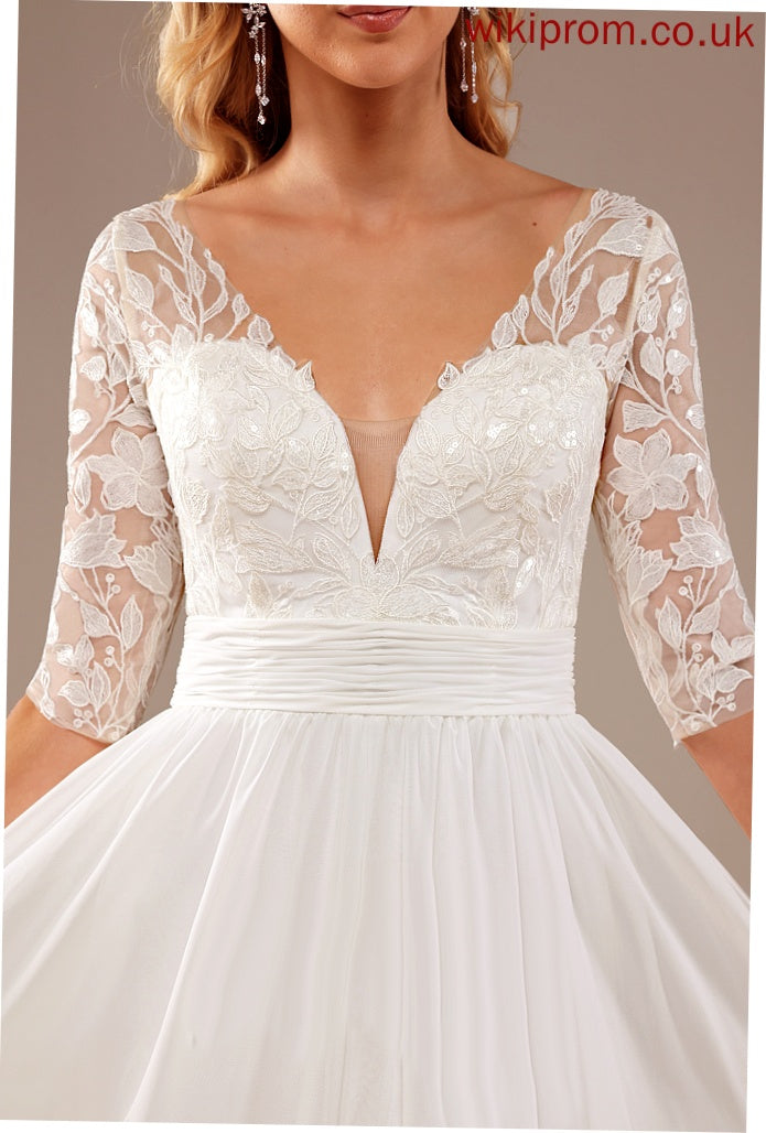 Wedding Floor-Length V-neck Wedding Dresses Chiffon Lace With Lace Sequins A-Line Dress Carmen Ruffle