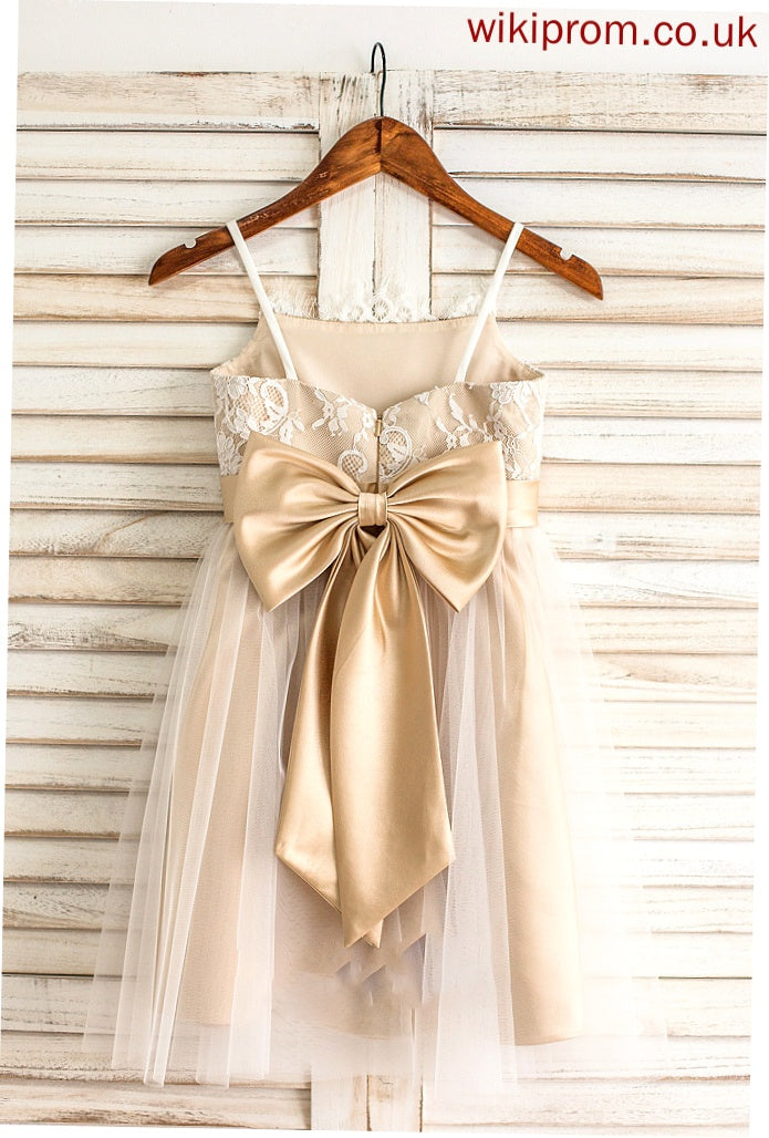 With Knee-Length Junior Bridesmaid Dresses Alaina Neckline Sash Tulle Square Bow(s) A-Line