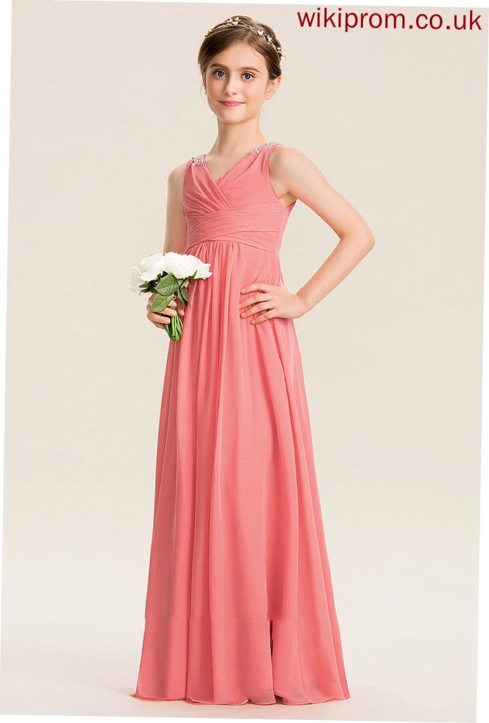 Jaylene EmpireV-neckFloor-LengthChiffonJuniorBridesmaidDressWithRuffleBeadingSequins#173291 Junior Bridesmaid Dresses