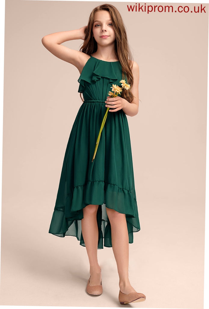 Asymmetrical Chiffon Cascading Neck Ruffles Junior Bridesmaid Dresses Margaret Scoop With A-Line