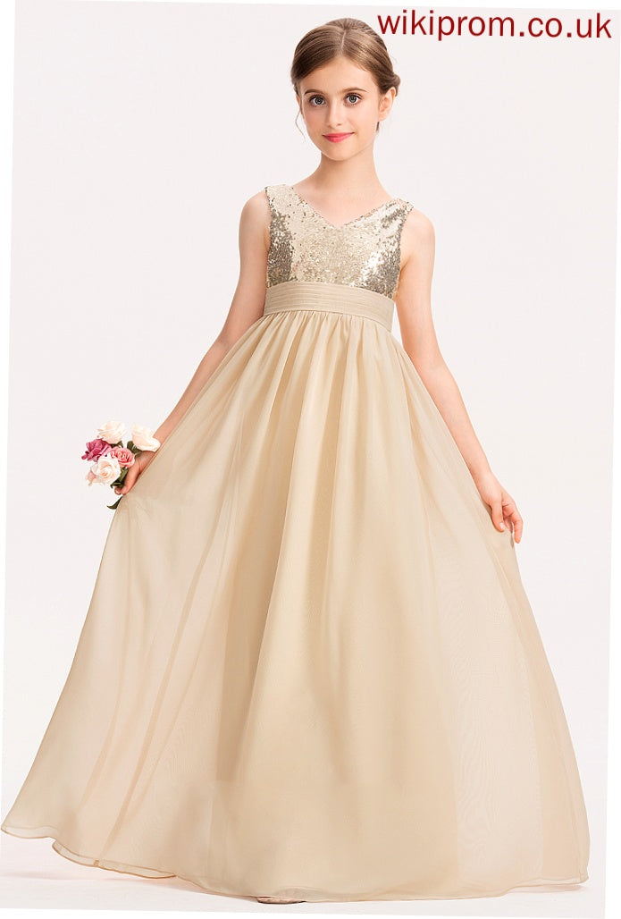 Chiffon With A-Line Ruffle Junior Bridesmaid Dresses V-neck Sequined Floor-Length Jayla