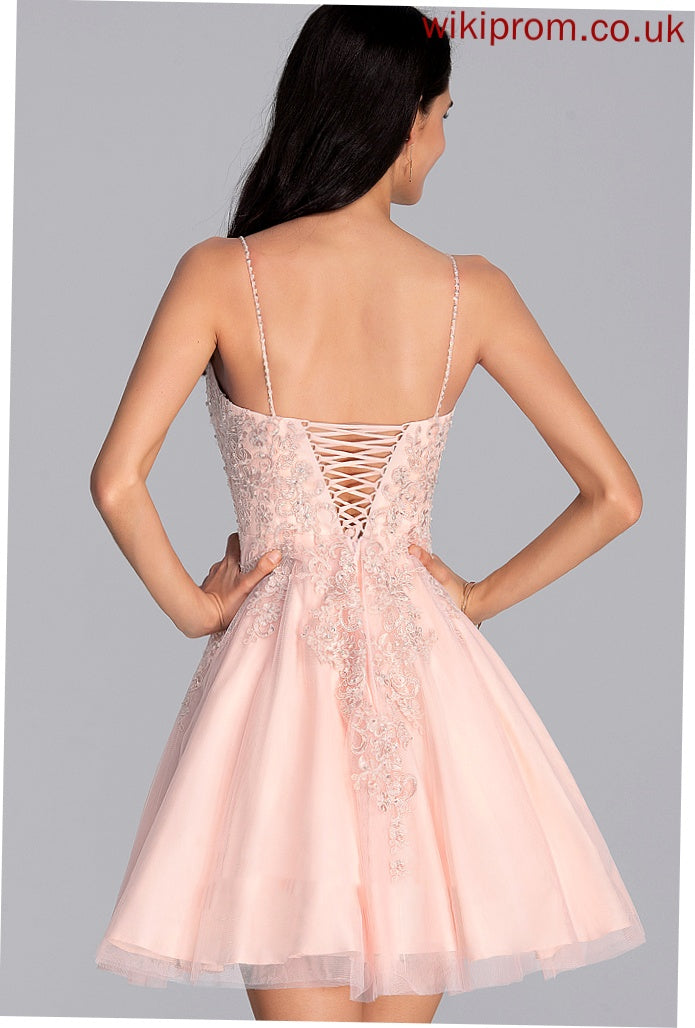 Dress With A-Line Homecoming Simone V-neck Beading Homecoming Dresses Lace Short/Mini Tulle