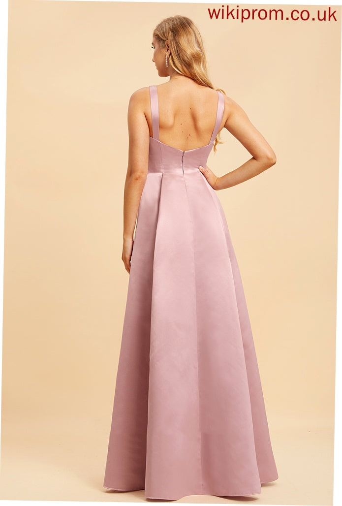 Fabric Satin V-neck Straps A-Line Neckline Silhouette Length Floor-Length Cecelia Sleeveless A-Line/Princess Bridesmaid Dresses