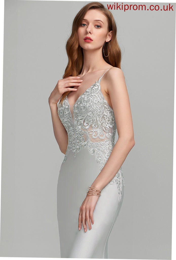 Dayami V-neck Jersey Prom Dresses Train Sequins Sweep With Trumpet/Mermaid