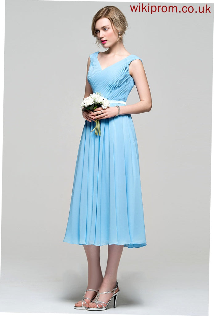 Embellishment Tea-Length Length Neckline A-Line Silhouette Fabric V-neck Ruffle Pat Bridesmaid Dresses