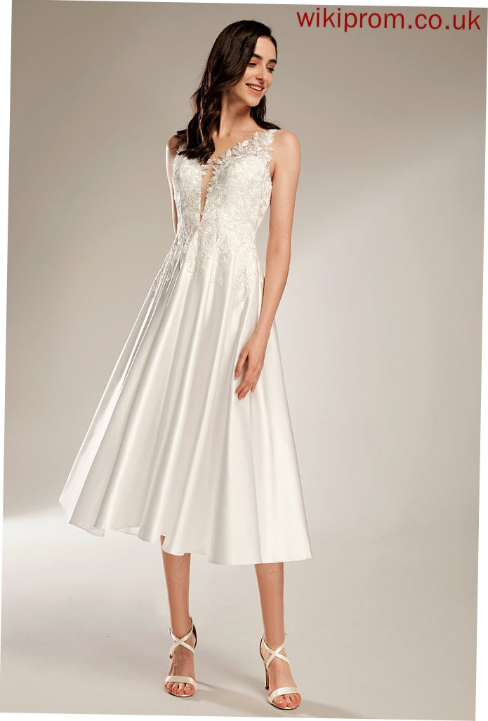 Wedding Lace Elianna Wedding Dresses Satin Dress V-neck Tea-Length A-Line