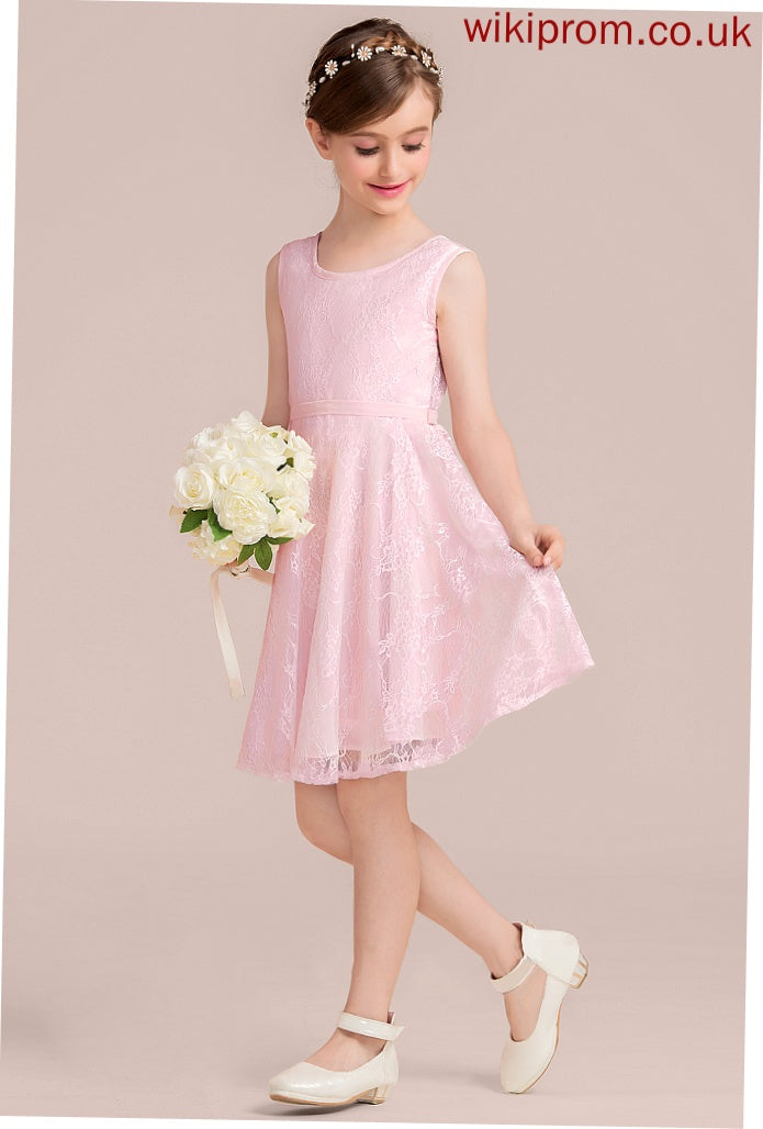 A-Line Scoop Sash Knee-Length Lace Neck With Jean Bow(s) Junior Bridesmaid Dresses