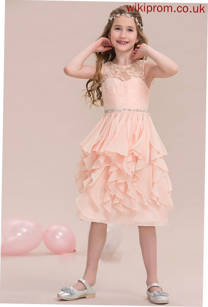 Sequins Cascading Gisselle With Ruffles Junior Bridesmaid Dresses Scoop Beading A-Line Chiffon Neck Knee-Length