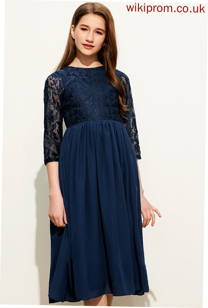 Neck Tea-Length A-Line Lace Chiffon Junior Bridesmaid Dresses Scoop Juliana